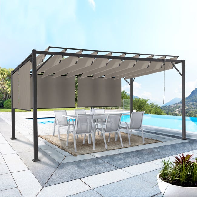 Pergola LUXE 3x4m lames orientables 4 stores latéraux taupe