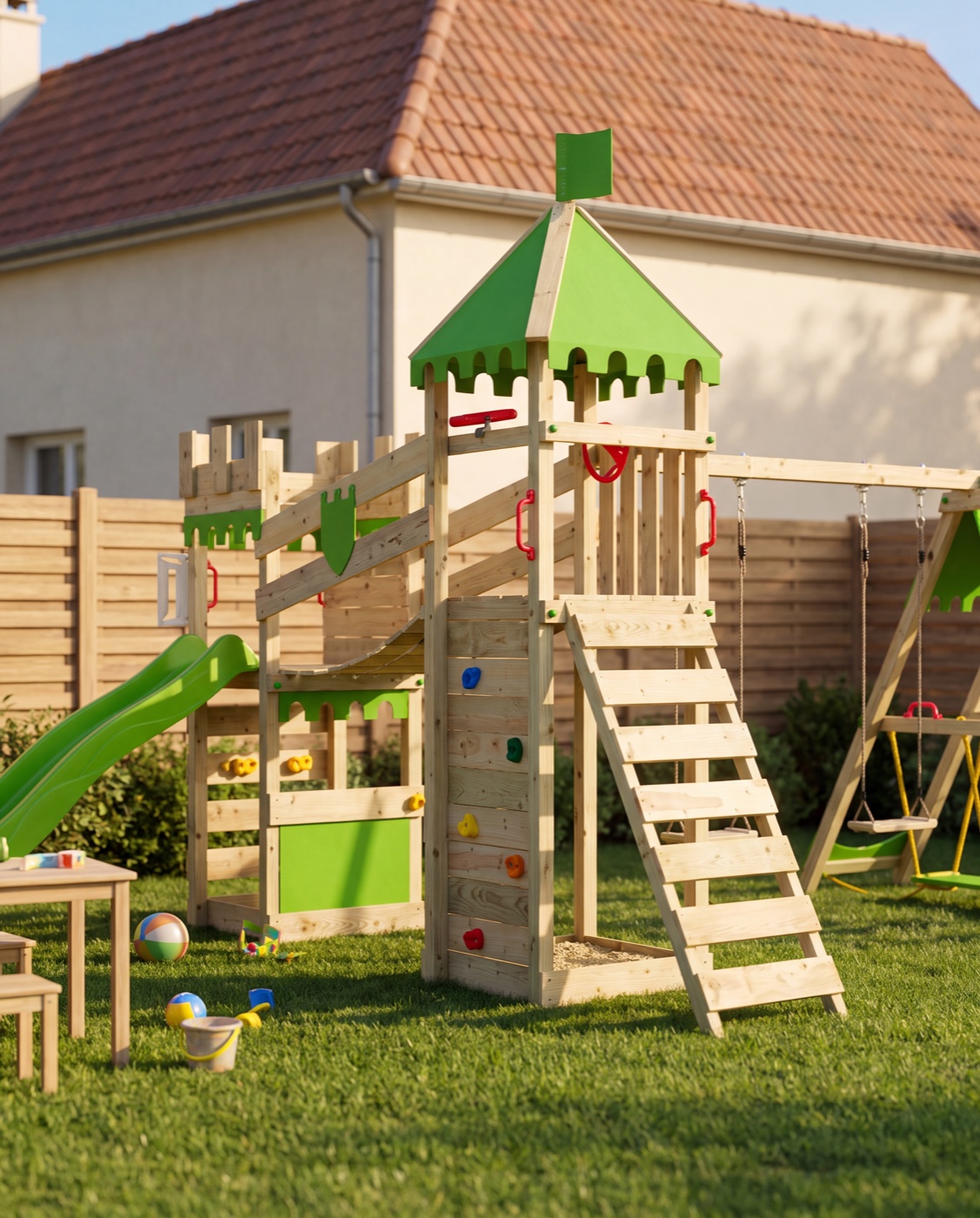 Aire de jeux Fatmoose installée dans un jardin