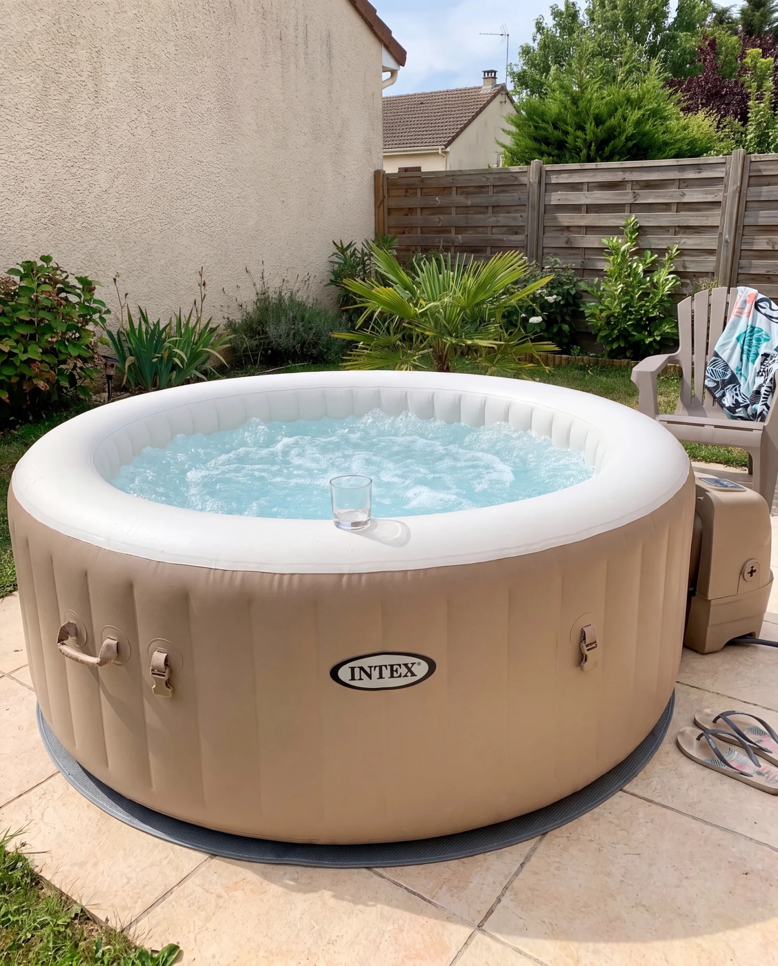 Spa gonflable Intex Sahara installé sur une terrasse