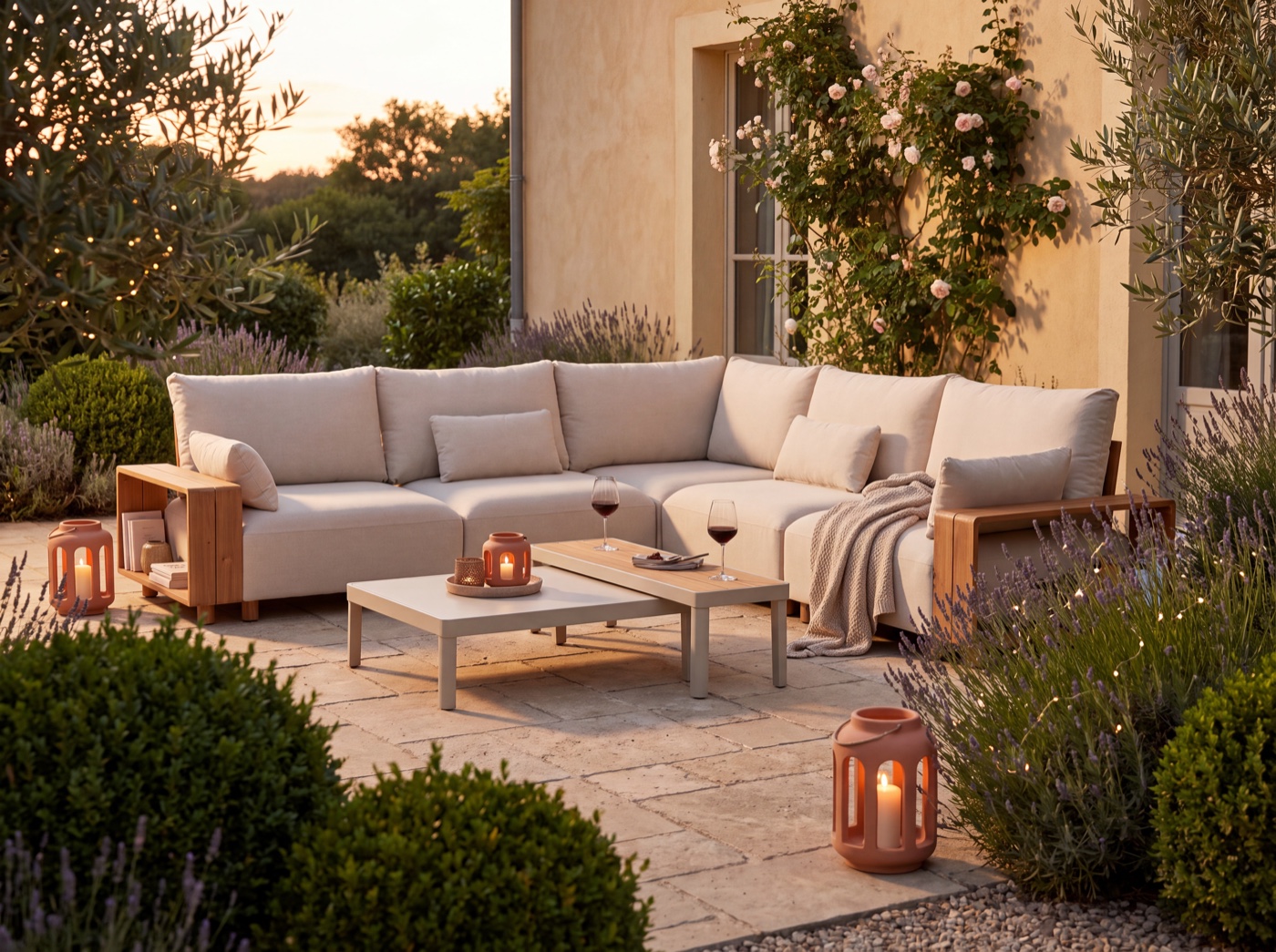 Salon de jardin aluminium crème et effet bois 7 personnes